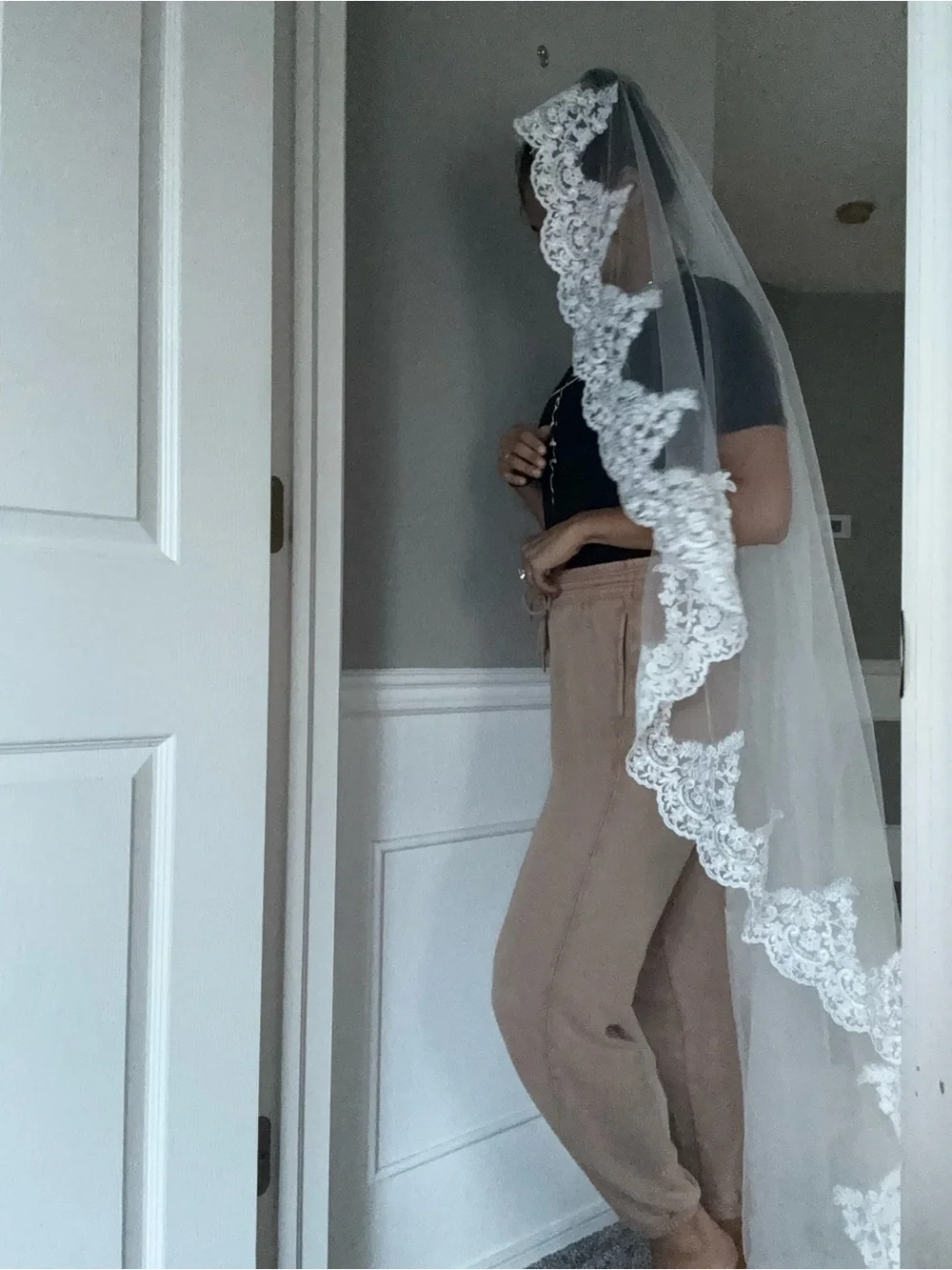 New worn White Lace-Edged Bridal Veil - Elegant Sheer Wedding mantilla Veil